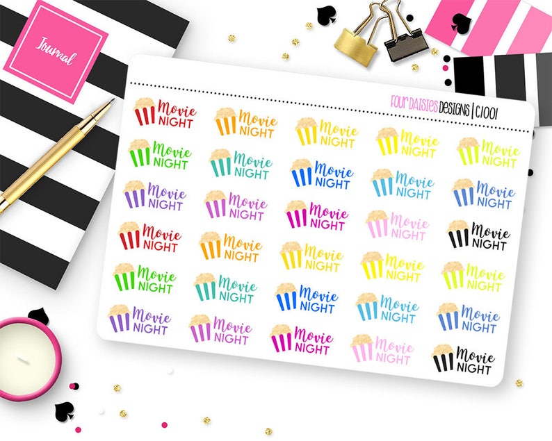 30 Movie Night Planner Stickers for Erin Condren Life Planner, Plum Paper or Mambi Happy Planner C1001 image 1