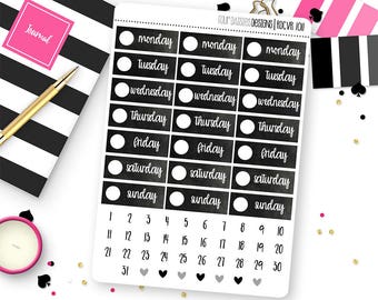 Black Watercolor Day/Date Cover Planner Stickers for Erin Condren Life Planner, Plum Paper or Mambi Happy Planners || R1011