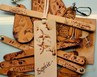 Marcador de cuero personalizado nombre, dibujo, con pirograbado, hecho a mano