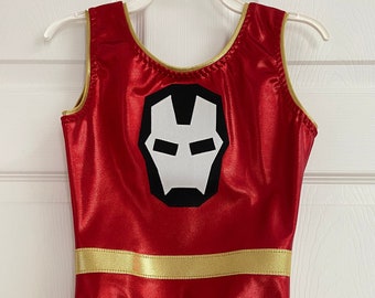 May include: Red leotard with a gold trim and a black and white Iron Man mask design.