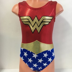 May include: Red, gold, and blue leotard with a Wonder Woman logo and star pattern.