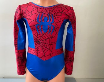 May include: A red and blue leotard with a spider web pattern and a blue spider graphic. The leotard has long sleeves.