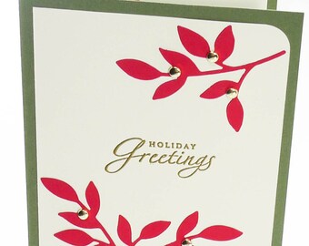 47-Holiday Greetings, Merry Christmas and a Happy New Year Card, Poinsettia, Gold, Green & Red Leaves and Branches, Olive with Gold Letters
