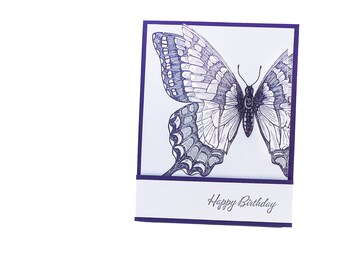 138-Butterfly Wings Happy Birthday Purple Card, Wife, Sister, Mother, Girlfriend, Friend, Co-Worker, Mother-in-Law, Neighbor, Rhinestone