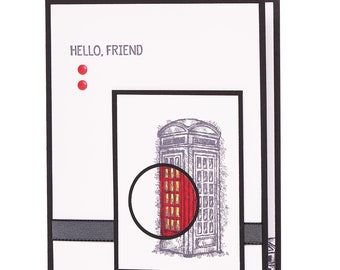 157-Thinking of You, Sorry, Miss You, Hello Friend, in Touch, London, British, England, Phone Booth, Note Card, Man, Woman, Travel, Hi