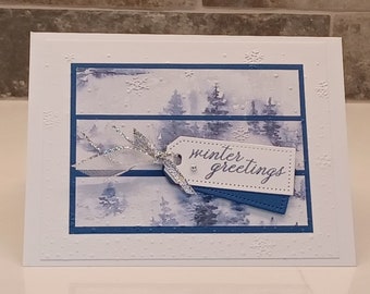 167-Winter Greetings Note Card, Snow, Trees, Blue & White, Mountains, Blank Inside, Silver Trim, Forest, Storm, Snowflakes, Any Occasion