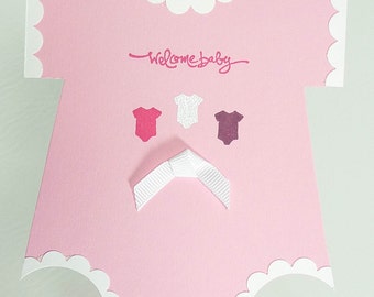 35-Onesie Baby Shower Girl Card in Pink & Purple with White Ribbon, So Worth the Wait, Stand Up Handmade Stamped Greeting Card, Welcome Baby