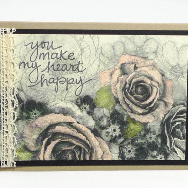 54-Vintage Hand-Painted Roses, Valentine Card, Note Card, You Make My Heart Happy, Crocheted Lace, Be My Valentine, Any Occasion, Custom