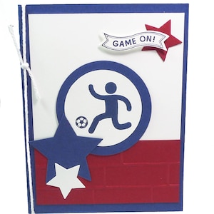 116-voetbal mannelijke Happy Birthday Card, Way to Go, Champ!, jongen of man atleet, rode, witte & blauwe sterren, sport, score, team, doel, speler