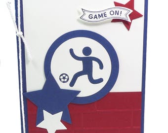 116-Soccer Male Happy Birthday Card, Way to Go, Champ!, Boy or Man Athlete, Red, White & Blue Stars, Sports, Score, Team, Goal, Player