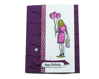 136-Happy Birthday Woman, Girl, Purple, Blonde, Ruffles, Dress, Gift, Gift Bag, Balloons, Wife, Friend, Boss, Sister, Co-Worker, Special