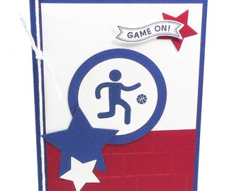 115-Basketball Male Happy Birthday Card, Way to Go, Champ!, Boy or Man Athlete, Red, White & Blue Stars, Dribble, Player, Team, Court