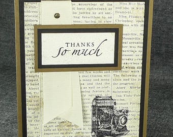 120-Thanks So Much Card with Vintage Newsprint, Newspaper, Camera, Old Camera, Masculine, Antiqued, with Brad, Ribbon, Blank, Old Fashioned