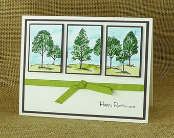 119-Happy Retirement Card with Watercolor, You've Earned It, Congratulations, Career, Trees, Forest, Sky, Hand Painted, For Man or Woman
