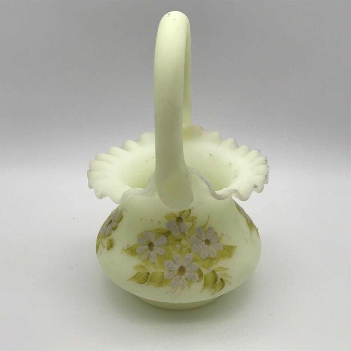 Vintage Fenton Glass Basket Yellow Satin Painted Signed Etsy