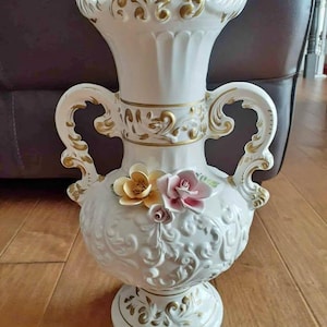 Rare Vintage Large Capodimonte Double Handled Applied Floral Roses Vase - Made in Italy - 1960&#39;s - 16.5 Inches Tall