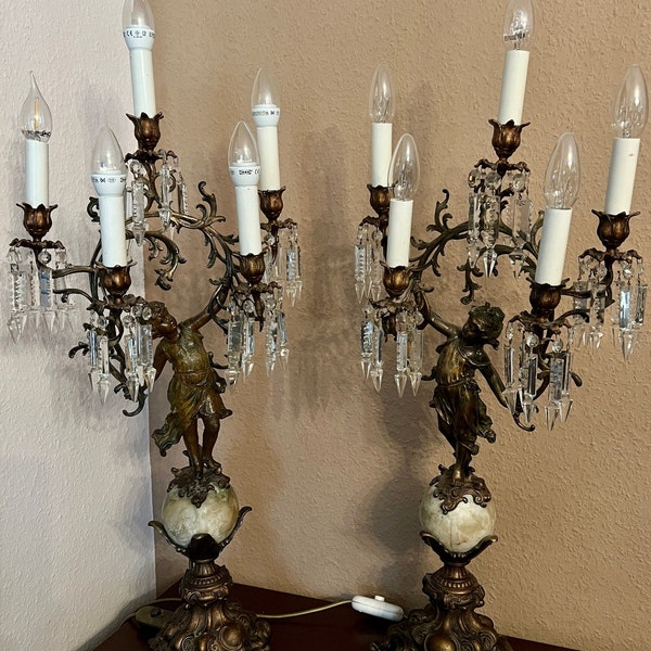 Pair of French Bronze and Alabaster Candelabras with Cherub Figures - Cherubic Chandeliers with Crystal Prisms