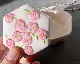 Hexagonal ceramic jewelry box with cherry blossom decor vintage box with lid