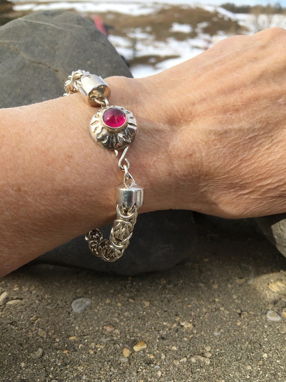 Sterling Silver Byzantine Chain Link Bracelet With Ruby Hook Clasp