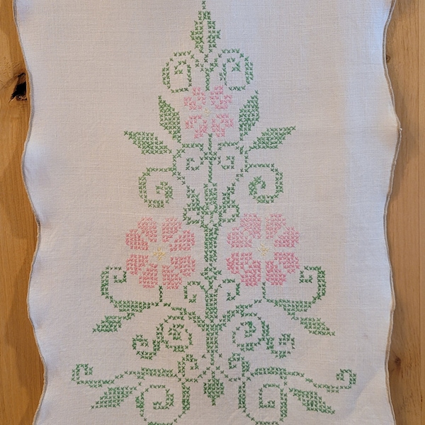 Hand Cross Stitched Floral Table Runner, White Linen, Pink & Green Floral Dresser Scarf, 12 1/2" x 38 1/2" Farmhouse, Country, Mother's Day