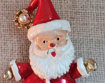 Vintage Gold Tone & Enamel Santa Brooch, Santa Hat with Faux Pearl, Made in Taiwan, Candy Apple Red Enamel Suit, Holiday Jewelry Pin