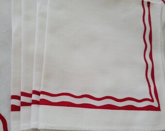 Vintage White Cotton Napkins with Red Wavey Design (Set of 5) Farmhouse Linens, Red & White Retro Kitchen, 15.5" x 16.5"