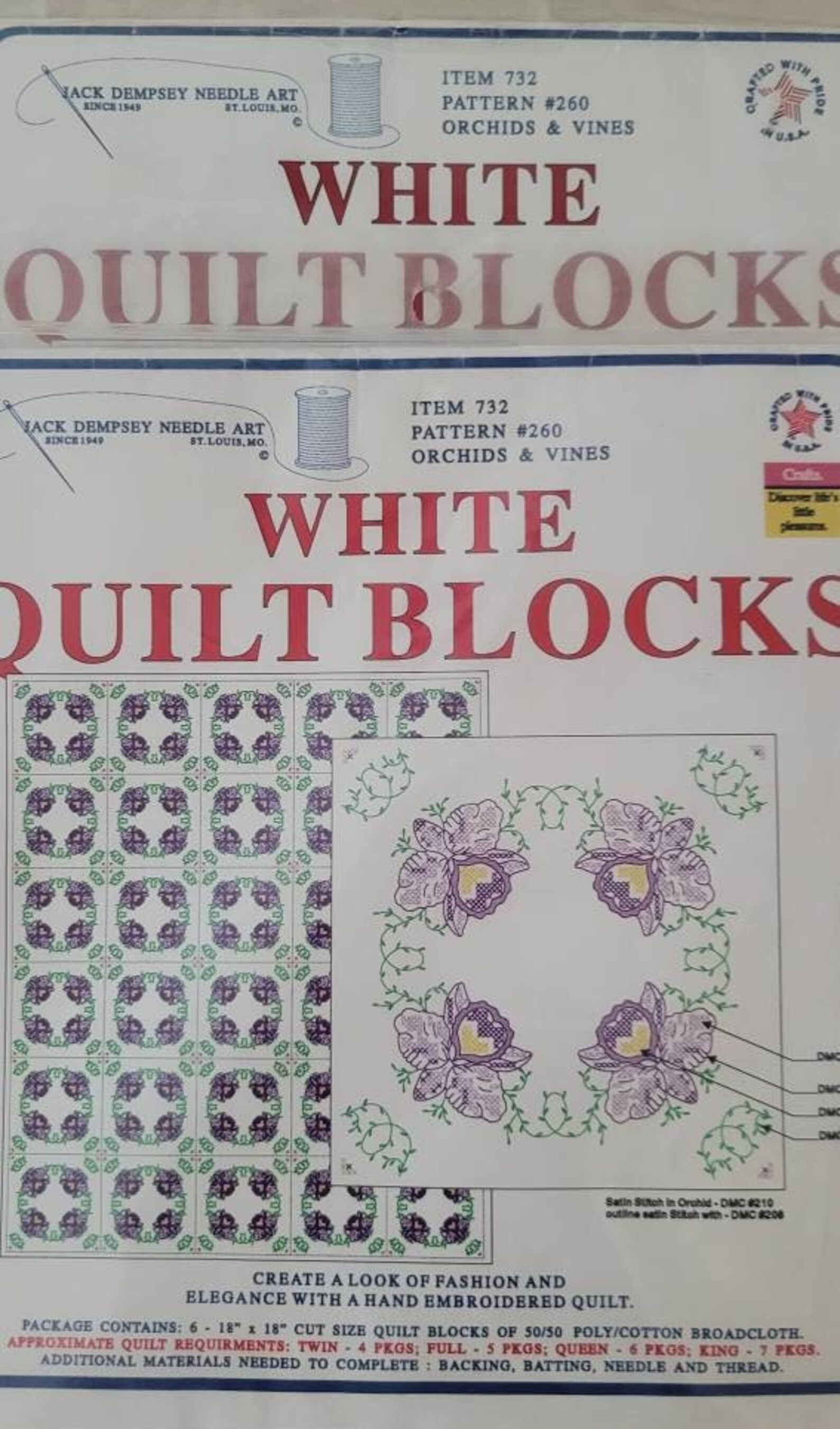 Stamped Quilt Blocks to Embroider/orchids & Vines/2 Packages Etsy