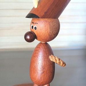 MCM Pipe Cleaner Holder, Danish Teak Storage Character, Tall Wooden Hat, Rope Arms, Large Feet, Hand Painted Face, Denmark, Collectible.