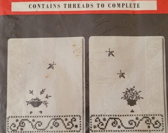 Guest Towels Embroidery Kit, Bucilla Vintage Needlework Kit, Pair of Stamped Pale Pink Belgian Linen, Floral Motif, Threads Included.