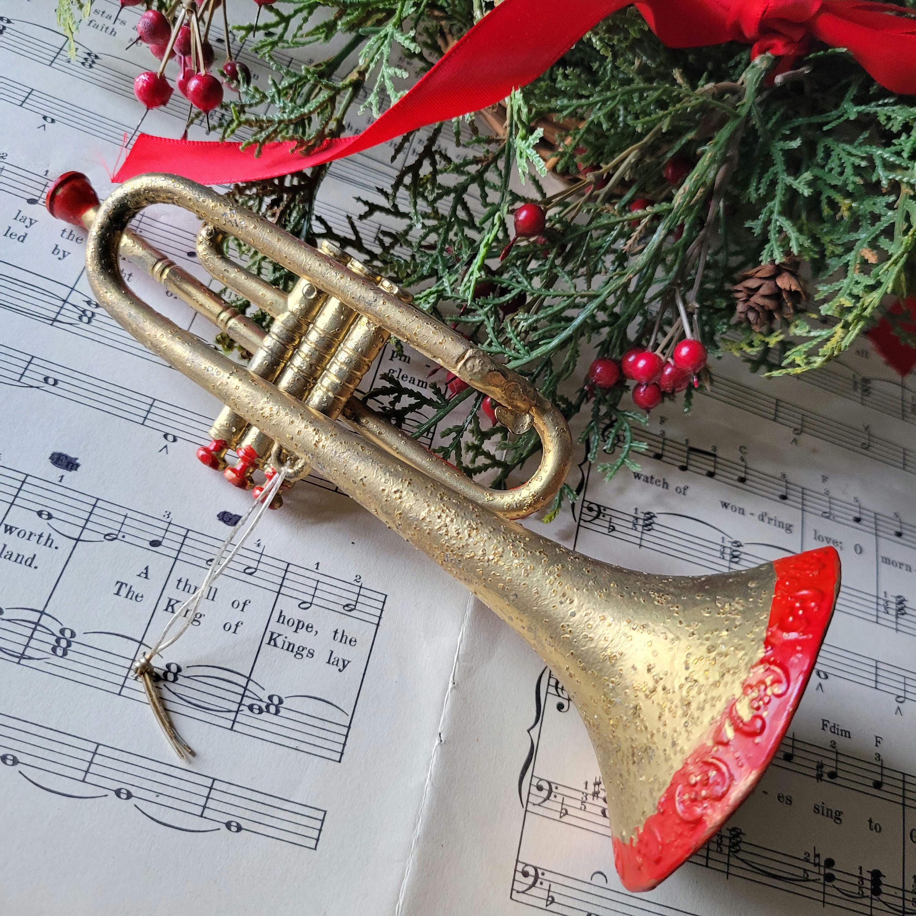 Vintage Trumpet Christmas Ornament: Gold Plastic With Red Accents