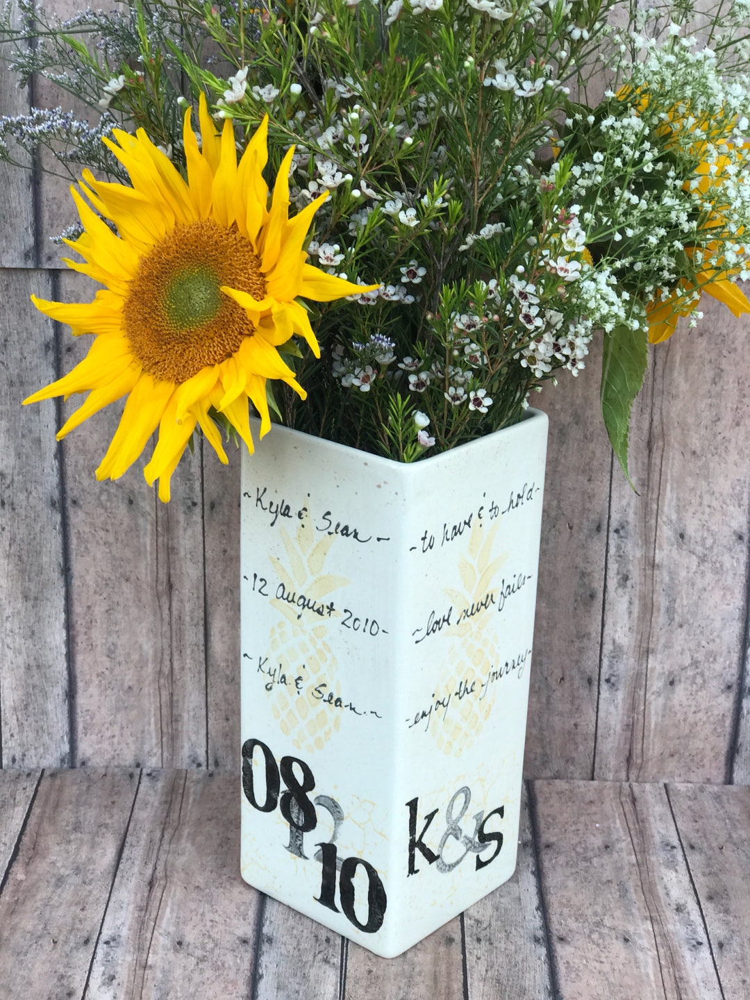 Wedding Gift Vase with pineapple design. Personalized Ceramic Vase with