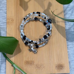 Multi-Layer Beaded Bracelet with Zebra Charm and Black & White Accents