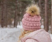 Pink Bobble Hat - Baby Hat - Adult - Girly - Fur - toboggan - toque - beanie