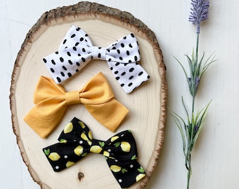 Lemon Pinwheel Bow, Pigtail Set, Pigtail Bow Set, Girls Hair Bows, Baby Bows, Baby Headbands, Handmade Bows