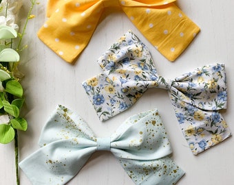 Yellow & Blue Flowers Pinwheel Bow, Pigtail Set, Pigtail Bow Set, Girls Hair Bows, Baby Bows, Baby Headbands, Handmade Bows