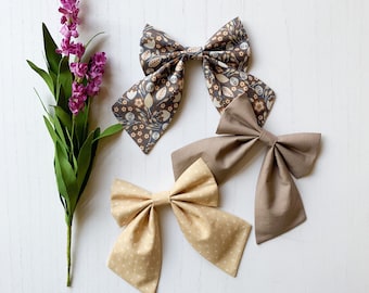 Beige & Rust Flower Sailor Bow, Girls Hair Bows, Baby Bows, Baby Headbands, Handmade Bows