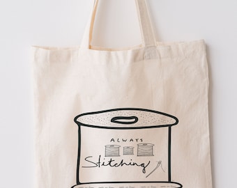 Bolsa de lona com estampa de carretel de linha desenhado à mão, ideal para costura, perfeita para artistas têxteis. Ideal para projetos de patchwork e artesanato.