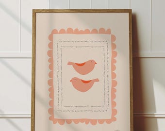 Pink Bird Print Whimsical Nursery Decor French Country Baby Girl Room Modern Folk Art Baby Keepsake Nature Heirloom Newborn Gift Pastel