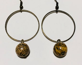 10mm gemstone.  Bronze and Picture jasper. 28mm Circular drops, lightweight earrings