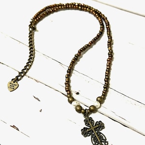 Bronze Cross necklace/Cross necklace/beaded cross necklsce/Filagree cross necklace/Cross necklace/Handcrafted necklace/Christian necklace