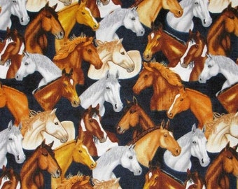 Horses Equestrian Packed Farm Animals Brown Cotton Fabric Print by Yard D766.45