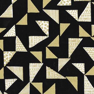 May include: Black fabric with a repeating pattern of gold and white triangles. Some triangles are solid gold, while others feature textured designs like stripes, dots, and geometric shapes. The overall design is a modern, abstract pattern.