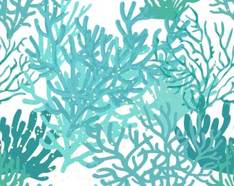 Turquoise Coral Forest 44" fabric by Clothworks, Y3467-101, Seashell Wishes,  100% cotton