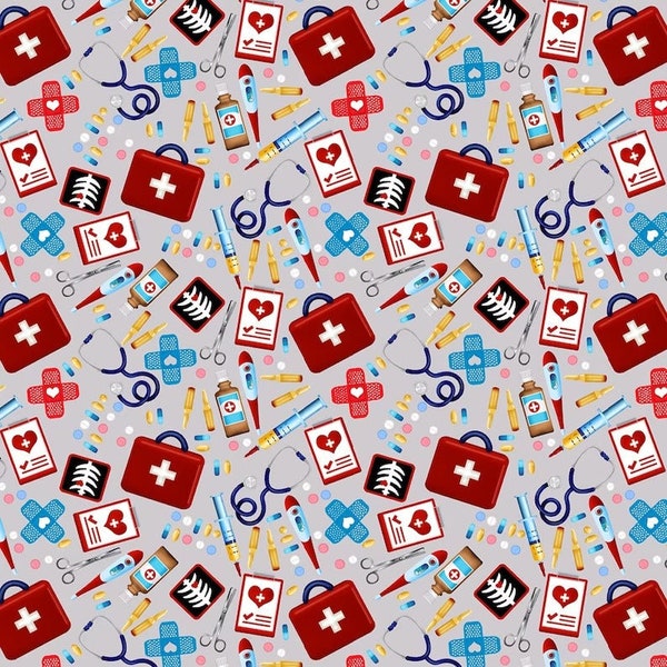 Gray Tossed Allover First Aid Kits 44" fabric, Henry Glass, Big Hugs, 9322-90,  100% cotton