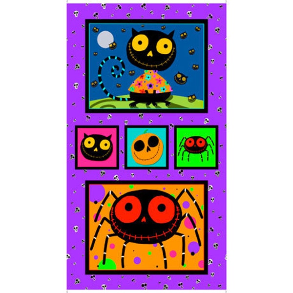 Black cat, Spiders, pumpkin quilt panel, Quilting Treasures,  Creepy Halloween 27107-X Purple, digital,  100% cotton,   Sold by the Panel