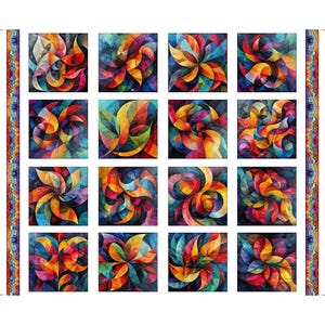 Bedazzled by Dan Morris Black Orange Red Blue Fractal Block Patch 36" Panel, 31121-J,  100% cotton