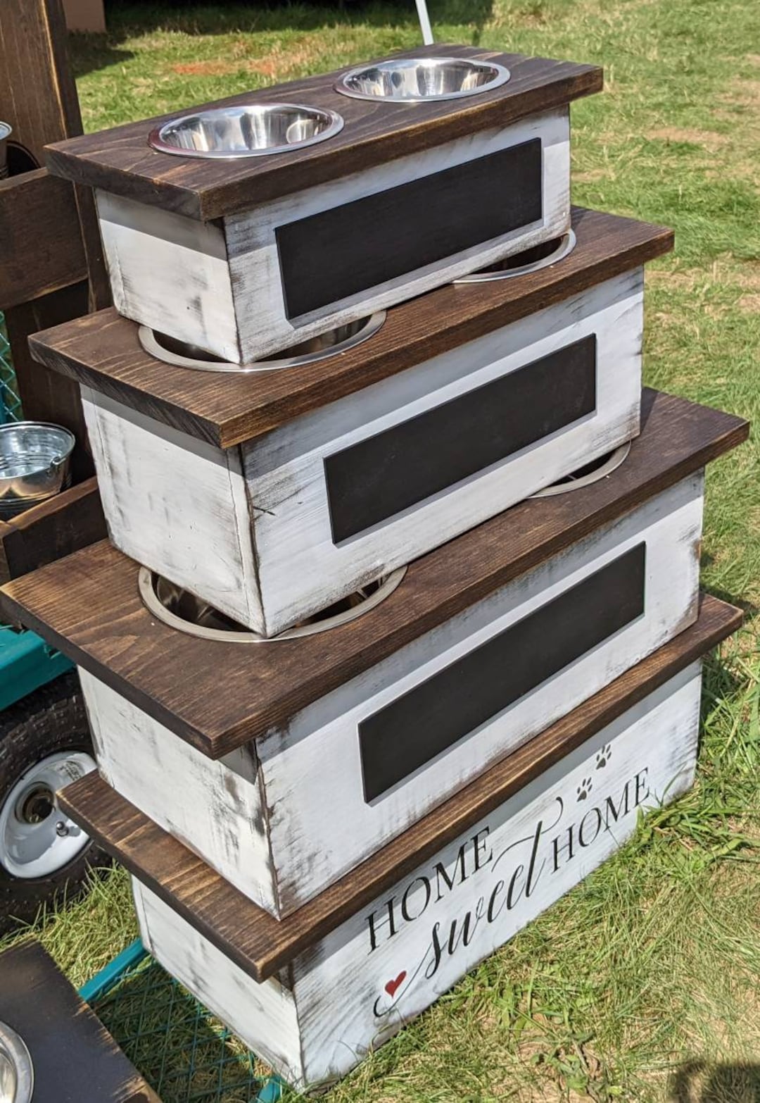 Farmhouse Style, Wooden Dog Bowl Holder With Bowls and Choice of