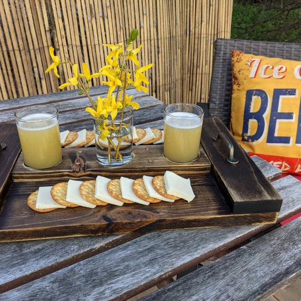 Craft Beer Flight Board/Cheese Tray w/Drink Glasses. Enjoy tastings/charcuterie all-in-one. USA handmade. Cheese lover & beer lover gift !