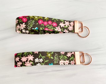 Moss Green Floral Key Fob Wristlet | Lightweight Fabric Key Chain | Mossy Meadow