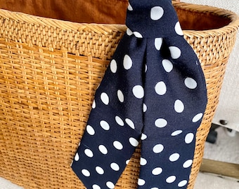 Navy Polka Dot Skinny Scarf: Silky Purse Bow, Hair Tie